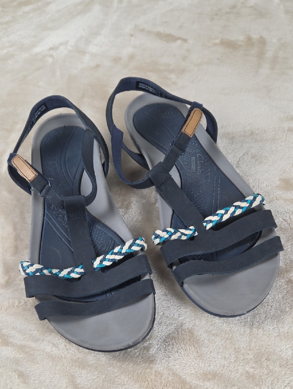 Clarks Navy T-Strap Sandals